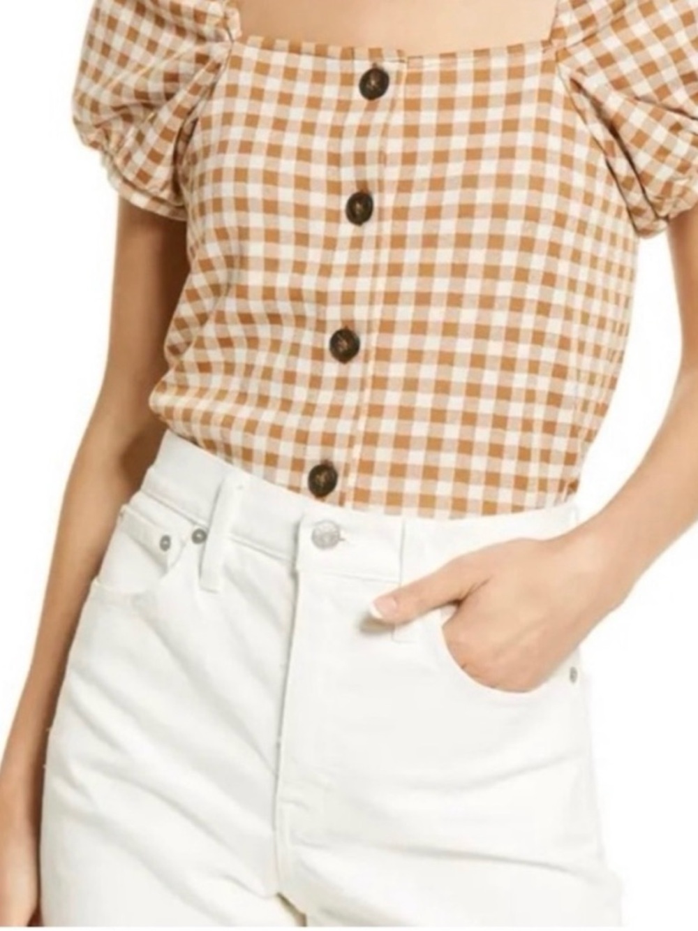 Gingham Jacquard Square Neck Puff Sleeve Top